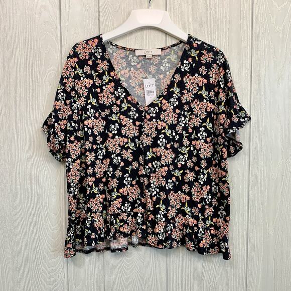LOFT Black Floral V-Neck Ruffle Top Medium NWT - Picture 1 of 3